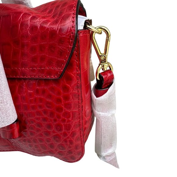 Frances Valentine Red Croc-Embossed Leather Shoulder Bag Long Strap Snap Closure - Picture 13 of 15